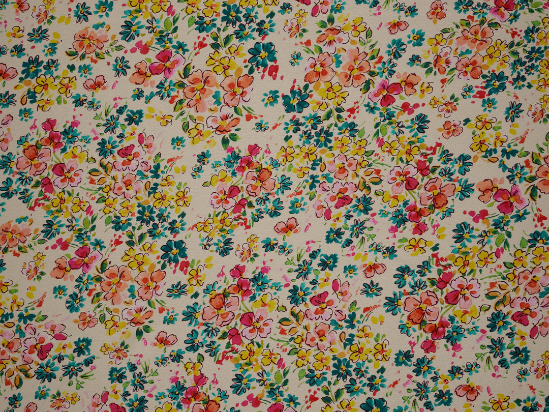 Off white Floral  pattern print silky satin Lightweight   fabric