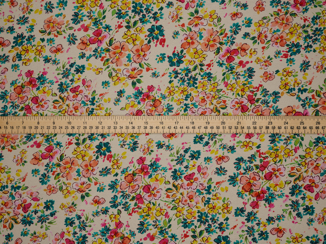 Off white Floral  pattern print silky satin Lightweight   fabric
