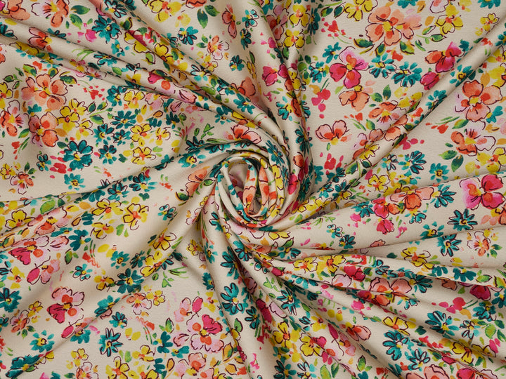 Off white Floral  pattern print silky satin Lightweight   fabric