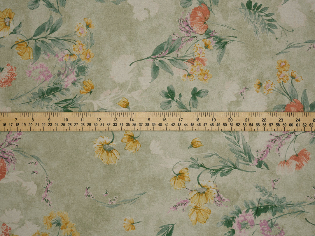 Sage nature floral  pattern print silky satin Lightweight   fabric
