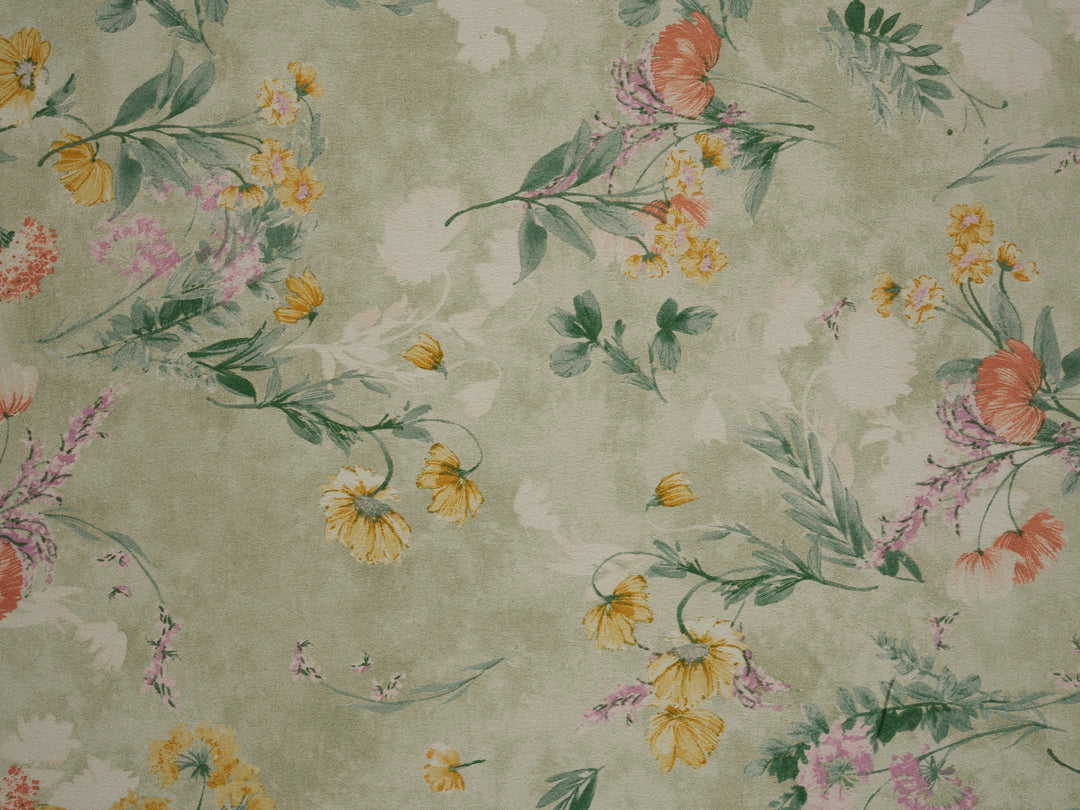Sage nature floral  pattern print silky satin Lightweight   fabric
