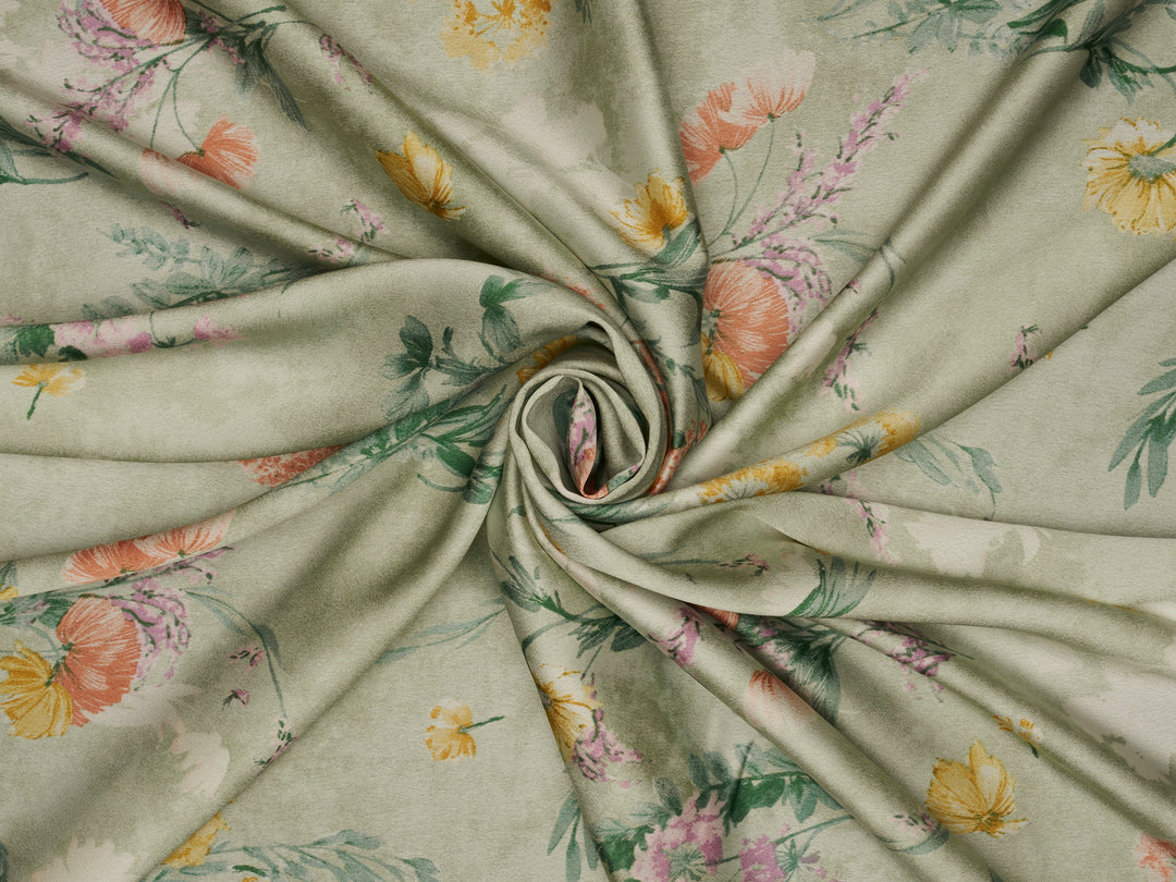 Sage nature floral  pattern print silky satin Lightweight   fabric