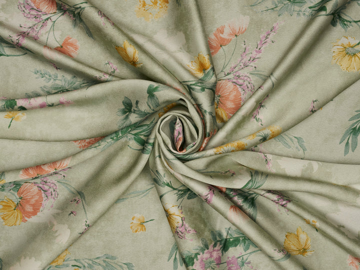 Sage nature floral  pattern print silky satin Lightweight   fabric