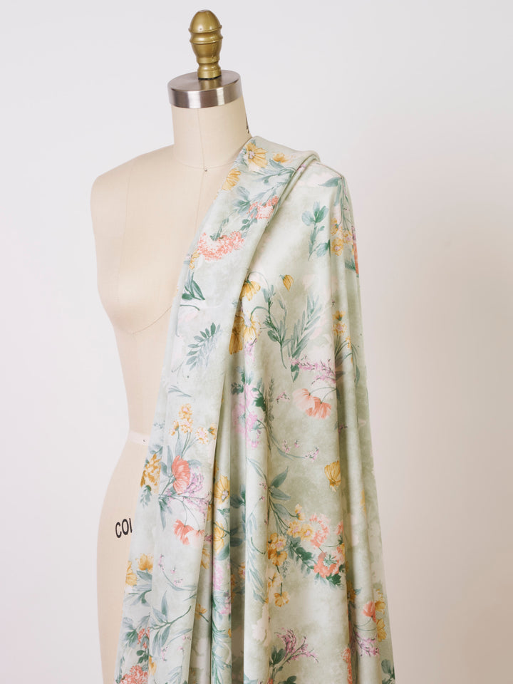 Sage nature floral  pattern print silky satin Lightweight   fabric