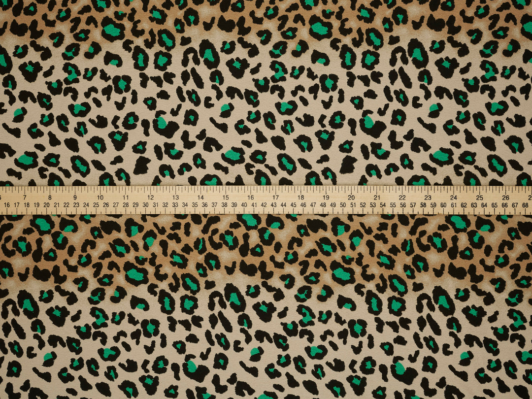Emerald green brown Cheetah animal   print -  silky satin dobby Lightweight   fabric