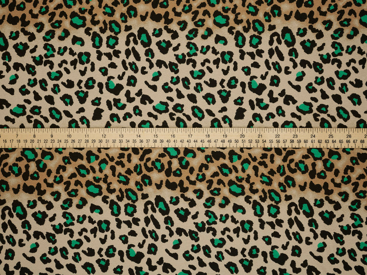 Emerald green brown Cheetah animal   print -  silky satin dobby Lightweight   fabric