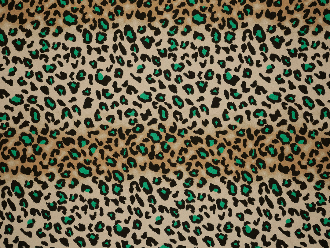 Emerald green brown Cheetah animal   print -  silky satin dobby Lightweight   fabric