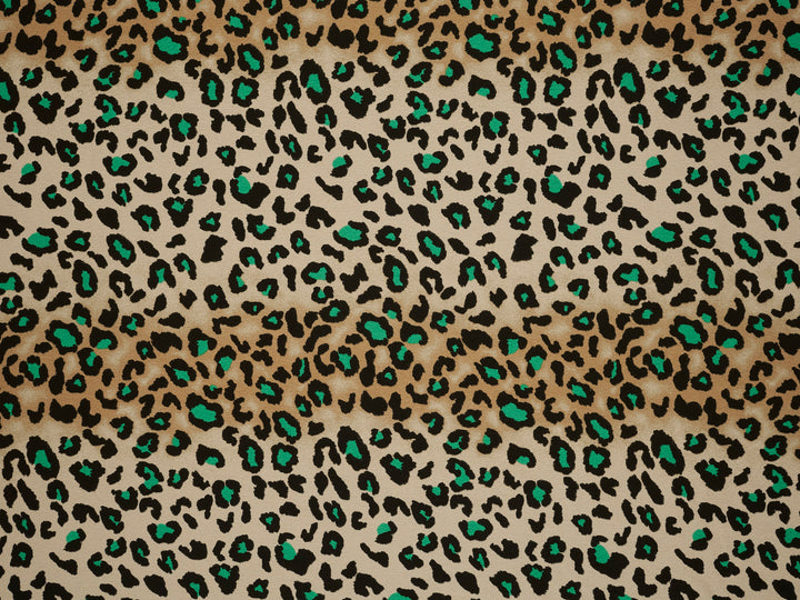 Emerald green brown Cheetah animal   print -  silky satin dobby Lightweight   fabric