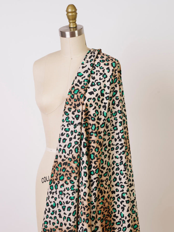 Emerald green brown Cheetah animal   print -  silky satin dobby Lightweight   fabric
