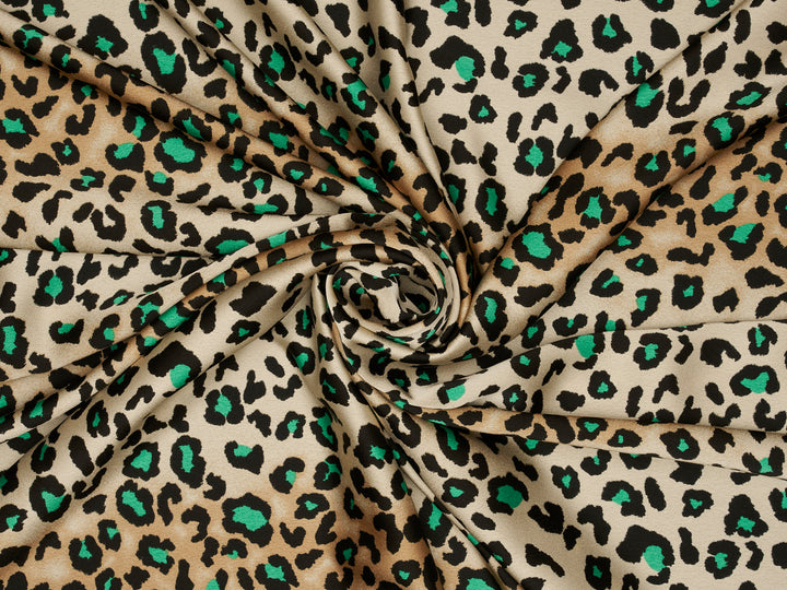 Emerald green brown Cheetah animal   print -  silky satin dobby Lightweight   fabric