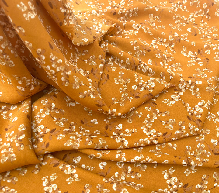 Georgette  Fabric By The Yard - Mustard  Off White  Dainty Flowers  Print