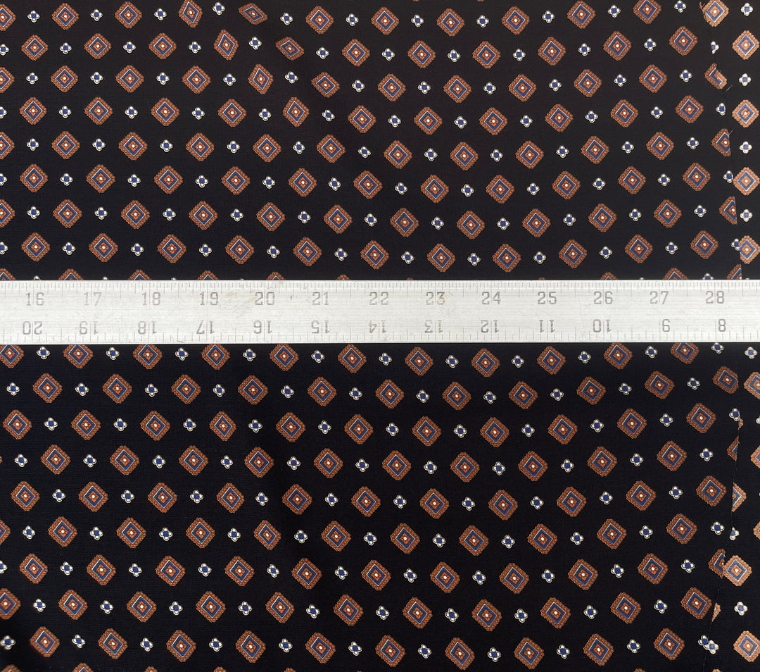 Woolpeach Fabric By The Yard - Mustard  Blue Diamonds On Black Motif Print