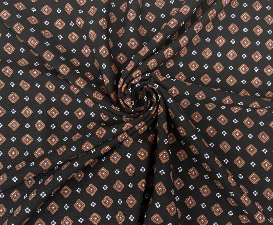 Woolpeach Fabric By The Yard - Mustard  Blue Diamonds On Black Motif Print
