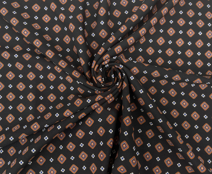 Woolpeach Fabric By The Yard - Mustard  Blue Diamonds On Black Motif Print