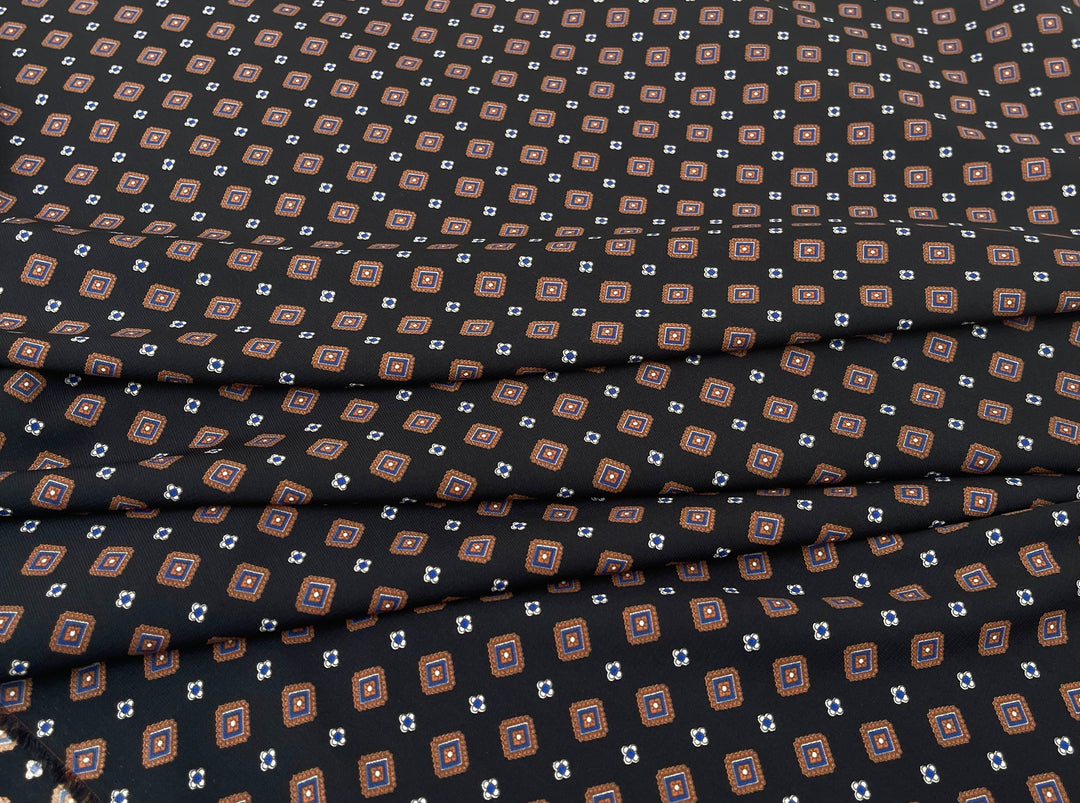 Woolpeach Fabric By The Yard - Mustard  Blue Diamonds On Black Motif Print