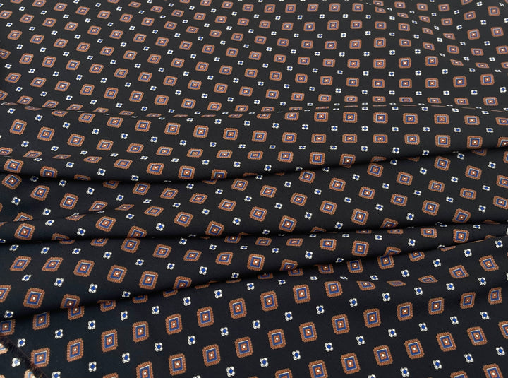 Woolpeach Fabric By The Yard - Mustard  Blue Diamonds On Black Motif Print