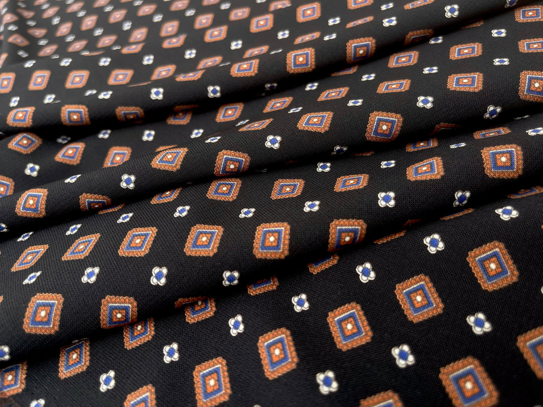 Woolpeach Fabric By The Yard - Mustard  Blue Diamonds On Black Motif Print