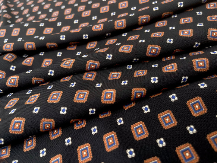 Woolpeach Fabric By The Yard - Mustard  Blue Diamonds On Black Motif Print
