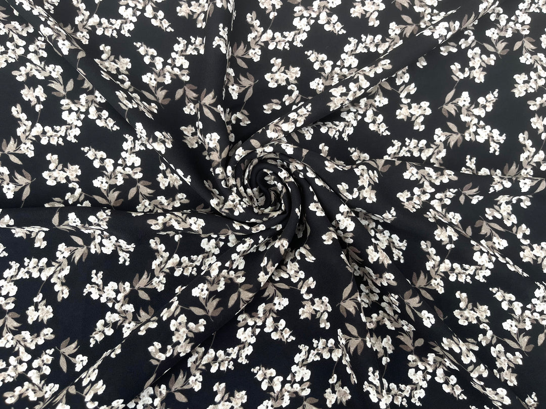 Georgette  Fabric By The Yard - Black Off White  Dainty Flowers  Print