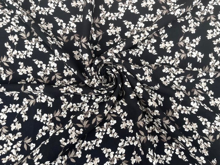 Georgette  Fabric By The Yard - Black Off White  Dainty Flowers  Print