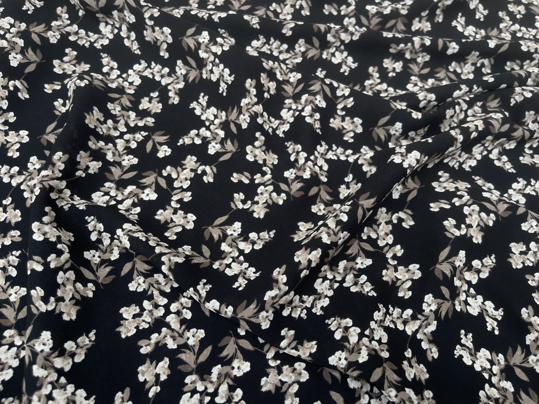 Georgette  Fabric By The Yard - Black Off White  Dainty Flowers  Print