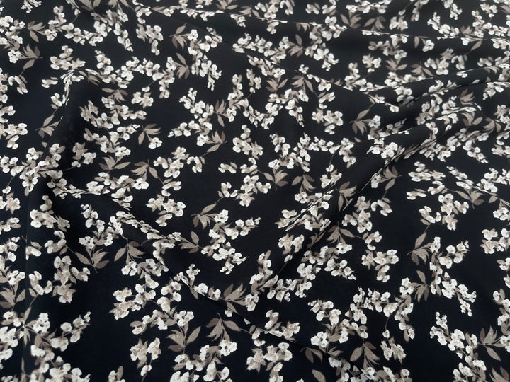 Georgette  Fabric By The Yard - Black Off White  Dainty Flowers  Print