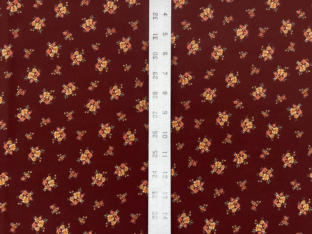 Georgette  Fabric By The Yard - Deep Burgundy Dainty Flowers  Print