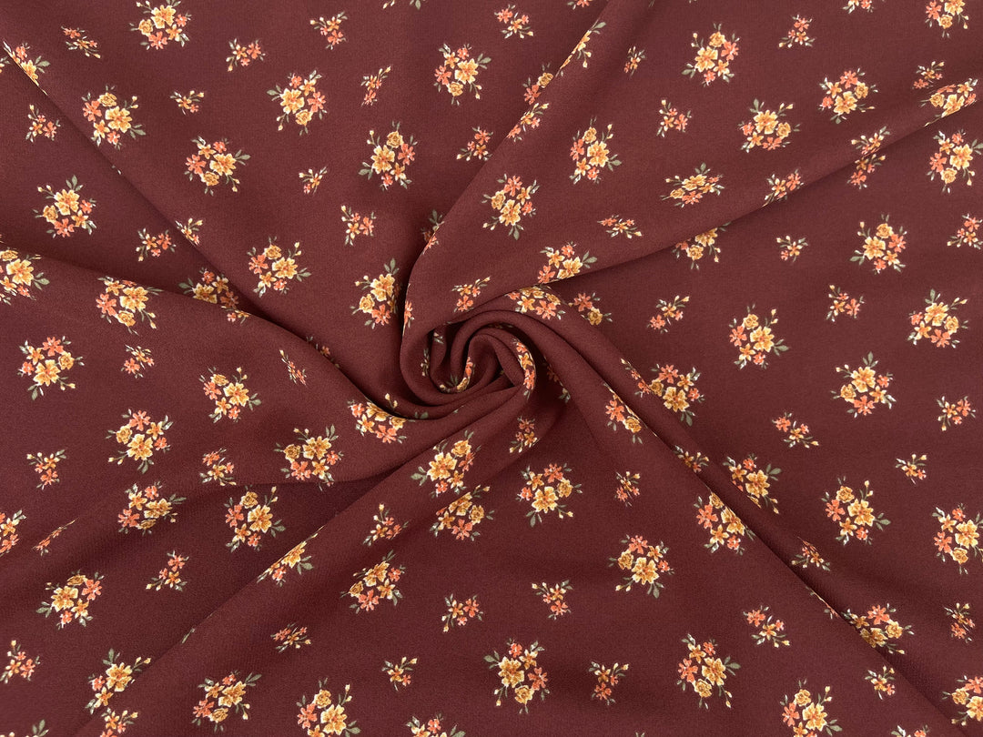 Georgette  Fabric By The Yard - Deep Burgundy Dainty Flowers  Print