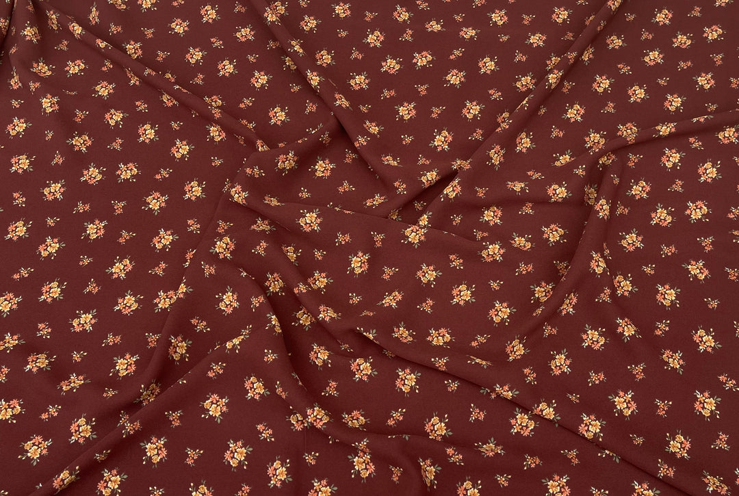 Georgette  Fabric By The Yard - Deep Burgundy Dainty Flowers  Print