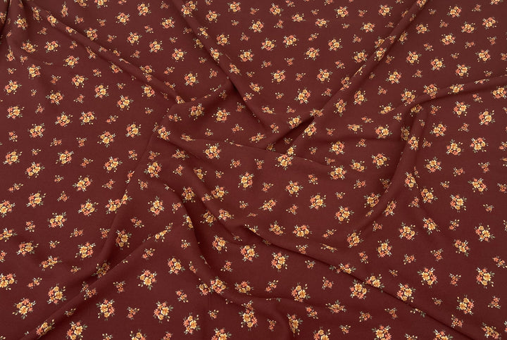 Georgette  Fabric By The Yard - Deep Burgundy Dainty Flowers  Print