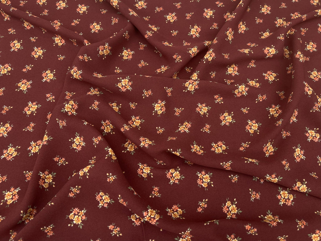 Georgette  Fabric By The Yard - Deep Burgundy Dainty Flowers  Print