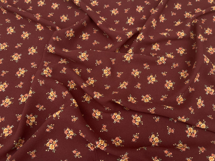 Georgette  Fabric By The Yard - Deep Burgundy Dainty Flowers  Print