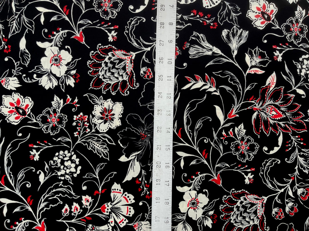 Woolpeach Fabric By The Yard -  Red White On Black  Floral Print