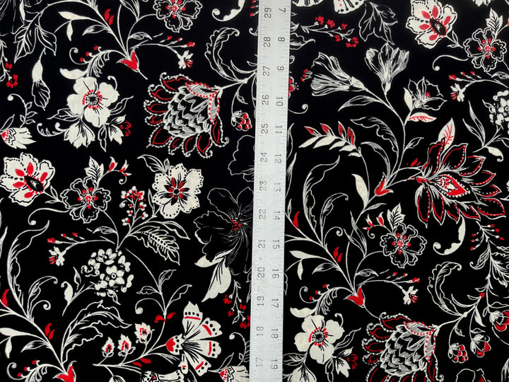 Woolpeach Fabric By The Yard -  Red White On Black  Floral Print