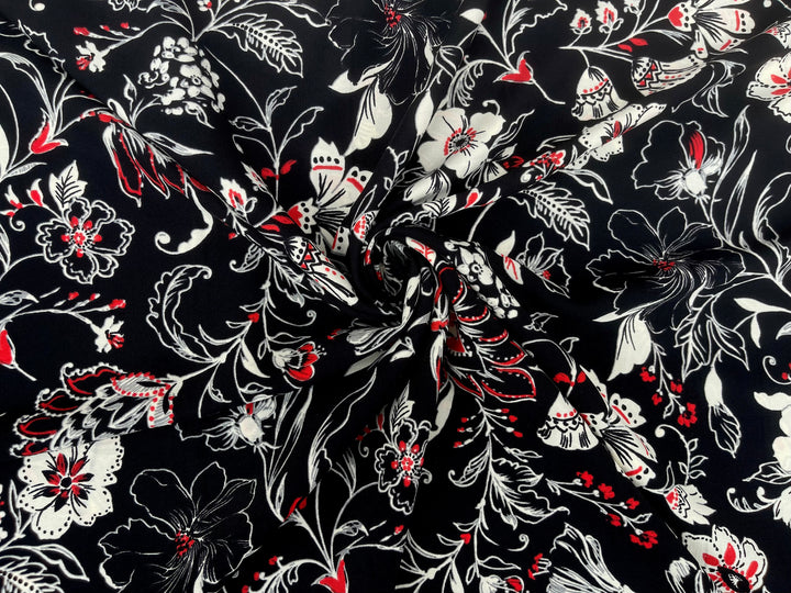 Woolpeach Fabric By The Yard -  Red White On Black  Floral Print