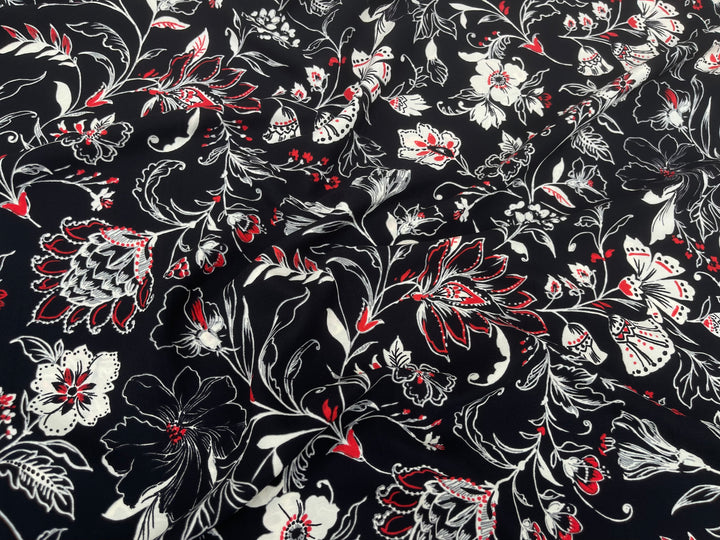 Woolpeach Fabric By The Yard -  Red White On Black  Floral Print