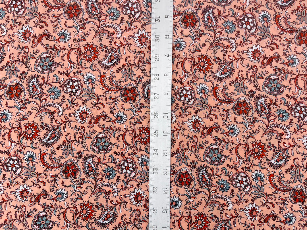 Georgette  Fabric By The Yard - Light Coral Brick Paisley Bohemian   Print