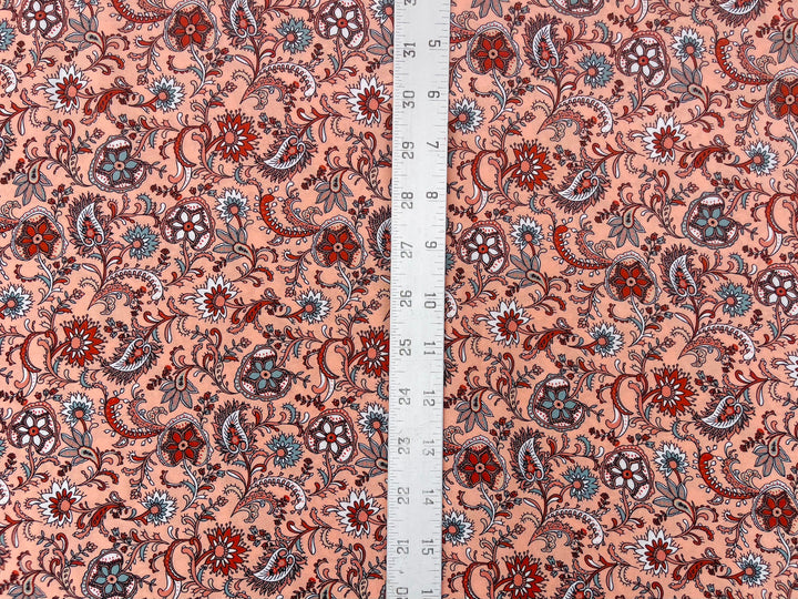 Georgette  Fabric By The Yard - Light Coral Brick Paisley Bohemian   Print