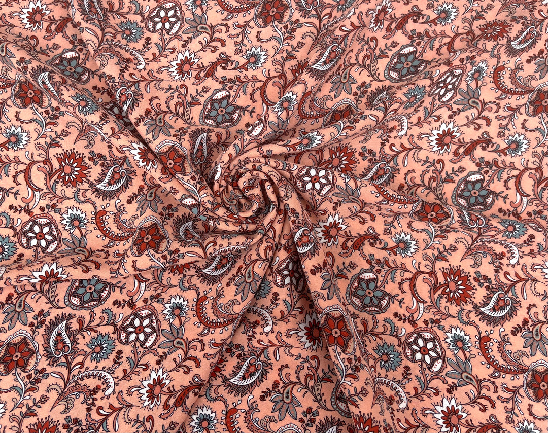 Georgette  Fabric By The Yard - Light Coral Brick Paisley Bohemian   Print