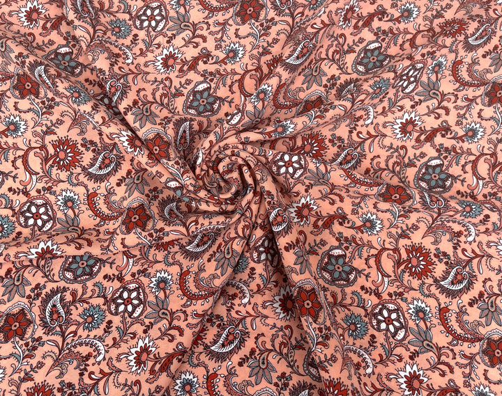 Georgette  Fabric By The Yard - Light Coral Brick Paisley Bohemian   Print