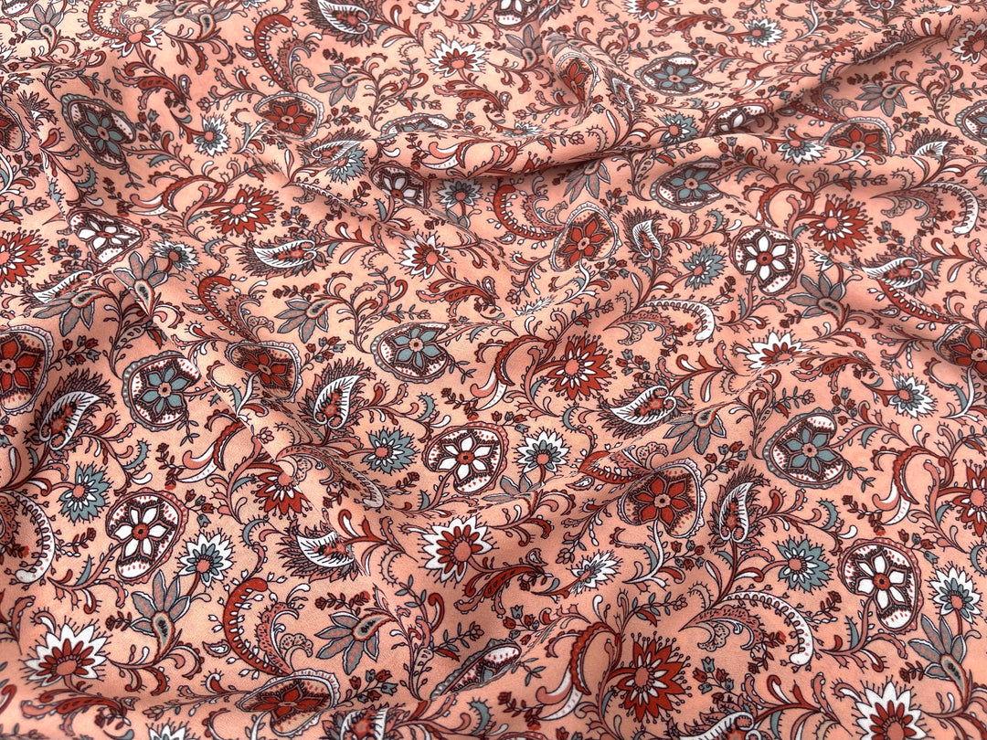 Georgette  Fabric By The Yard - Light Coral Brick Paisley Bohemian   Print
