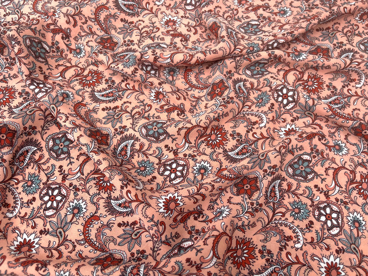 Georgette  Fabric By The Yard - Light Coral Brick Paisley Bohemian   Print
