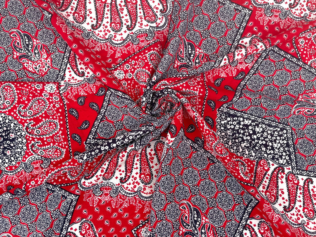Georgette  Fabric By The Yard - Red Black   Bandana Paisley Print