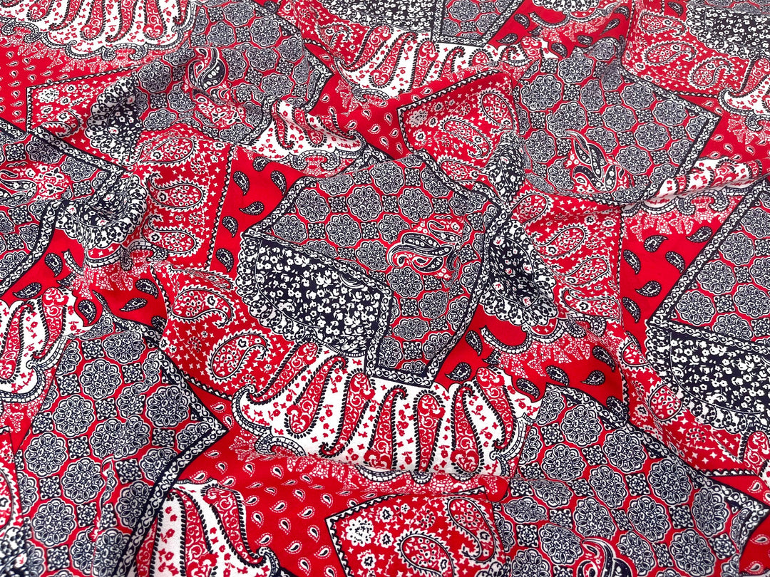 Georgette  Fabric By The Yard - Red Black   Bandana Paisley Print