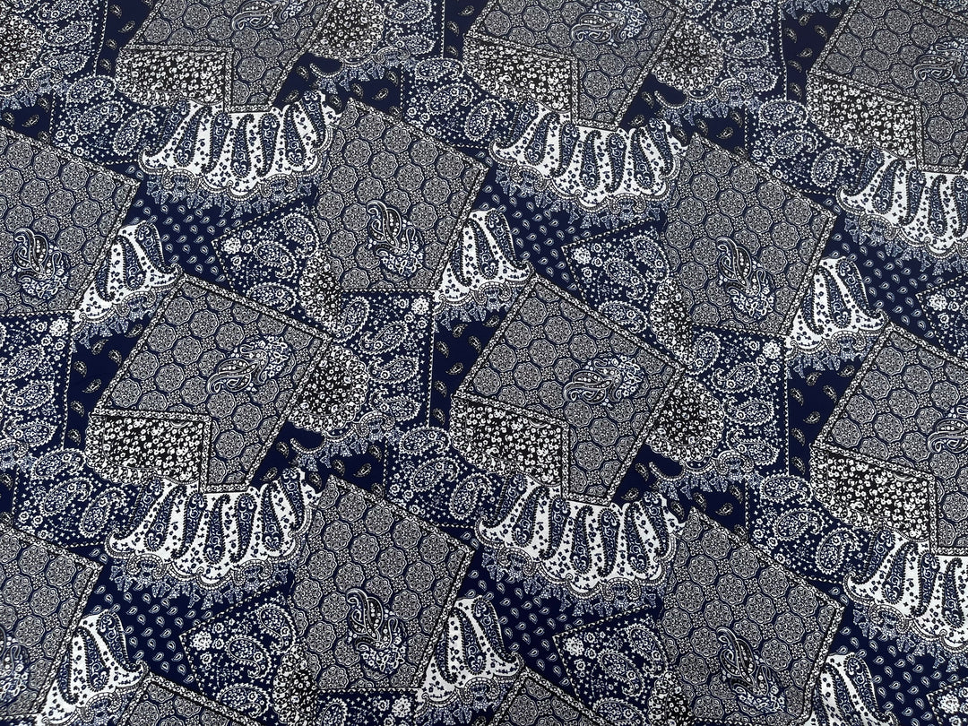 Georgette  Fabric By The Yard - Navy  Black   Bandana Paisley Print