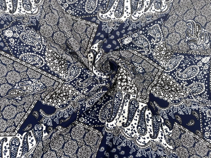 Georgette  Fabric By The Yard - Navy  Black   Bandana Paisley Print