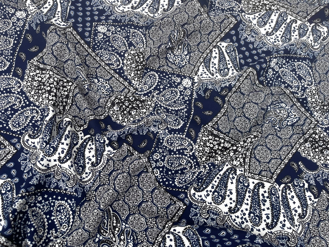 Georgette  Fabric By The Yard - Navy  Black   Bandana Paisley Print