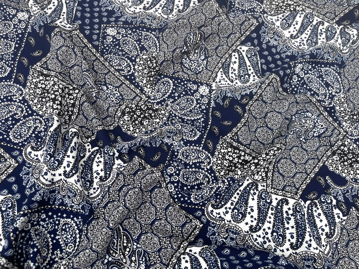 Georgette  Fabric By The Yard - Navy  Black   Bandana Paisley Print