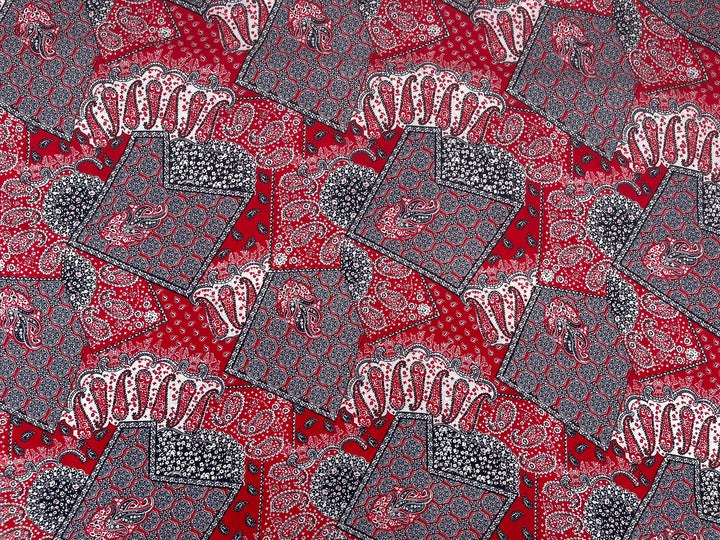 Georgette  Fabric By The Yard - Red Black   Bandana Paisley Print
