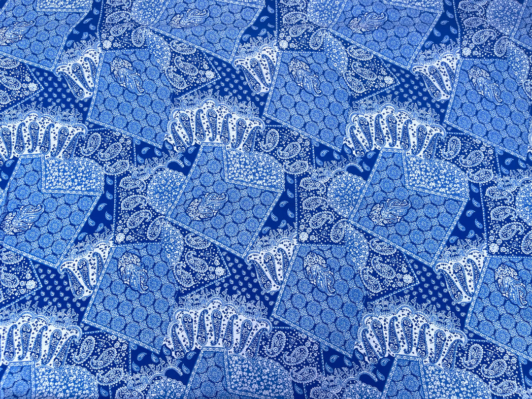 Georgette  Fabric By The Yard - Royal Blue Bandana Paisley Print
